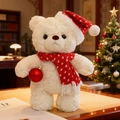 Teddybär aus Plüsch in Cremeweiß mit roter Weihnachtsmütze und Schal mit Schneeflocken - Stil Mit Rotem Schal Und Kleinen Schneeflocken