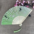 Green silk folding fan with elegant cherry blossoms and rabbit pattern with green tassel - No.43 Green Cherry Blossom Rabbit