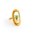 Adjustable golden stainless steel ring featuring real dried flowers in a clear resin oval - Adjustable Open / Green and White Dried Flower Style (R1104)