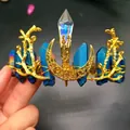 Detail of handmade crystal crown with blue raw stones and golden moon elements - Dark Blue Crystal + Gold Wings Moon Flat Style