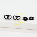 Macro shot of interlocking double heart stud earrings in matte black steel with dimensions - 027 Double Heart / Black