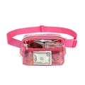 Pink translucent waist bag showing PVC texture and red mesh pocket with essential items - Transparent Rose Red