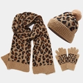 Winter leopard print knit set featuring a warm pom-pom beanie, matching scarf, and gloves - Khaki