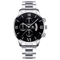 Men's silver steel business watch with black Roman numeral dial and three sub-dials - Silver Strap Black Dial Silver Hands
