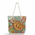 Bolso de playa de lona con estampado de tortuga marina y asas de cuerda blanca - Estampado de Tortuga Marina y Coral (ms4535b)