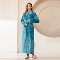 Thick lake blue flannel bathrobe for women with embossed cuffs and belt closure - Dark Green Women