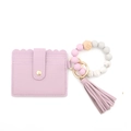 Portacarte in pelle PU viola lavanda con bracciale di perline e nappa coordinata - Viola Chiaro