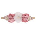 Pink and white floral baby nylon headband with rhinestone center on tan elastic band - Style 13(13)