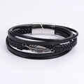 Men's multilayer black leather bracelet with silver feather charm and magnetic buckle - Feather