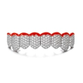 Hip hop 8-tooth silver grillz with red flame edge and shiny white zircon stones - Silver Bottom Tooth (S00165S-2)
