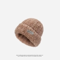 Thick light brown fuzzy knit beanie for women in warm plush faux fur with logo detail - Metal Label Style / Khaki