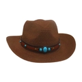 Chapeau de cowboy en paille marron avec bande de perles turquoise pour la plage. - Café
