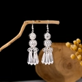 Ethnic silver hollow ball drop earrings with tassel fringe on a natural wood branch - Hollow Ball Tassel Style (E5774-11)