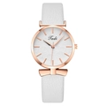 Elegant women's white leather quartz watch with rose gold bow and leaf texture - White