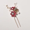 Exquisite bridal hair pin with red fabric flowers, golden leaves, and white pearls - 2-Flower Hairpin / Red