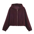 French retro burgundy suede hooded jacket with gold zipper and elastic cuffs for women - XS / Burgundy