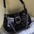 Star denim underarm shoulder bag for women, trendy Y2K chic canvas handbag with chain. - Black