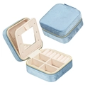 Portable blue velvet jewelry organizer with gold zipper showing open and closed views - Zipper Style / Velvet Blue