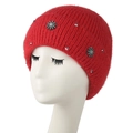 Winter red knitted beanie for women featuring sparkling rhinestones and floral accents - Red