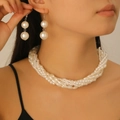 Elegant French vintage multi-strand pearl necklace and drop earrings set on a model - Artificial Pearl Necklace + Stud Earrings Set / White (KWG0103)