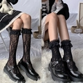 Schwarze Lolita-Spitzenstrümpfe über dem Knie mit Mary-Jane-Schuhen in Doppelansicht - Kniehoch Spitze-Stil / Schwarz