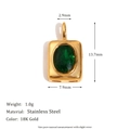 Square 18K gold plated stainless steel pendant with green oval zircon, 13.7x7.9mm - Green Zircon Square Pendant - Gold