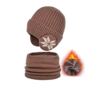 Winter fleece-lined knitted hat and scarf set in coffee brown with snowflake pattern - Coffee