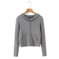 Chaqueta de punto gris con capucha para mujer, diseño de trenzas con cremallera frontal - S / Gris