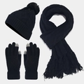 Set invernale da 3 pezzi con berretto con pompon, sciarpa con frange e guanti touch neri - Nero