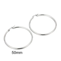 Minimalist 50mm silver stainless steel large hoop earrings for women on white background - 50mm