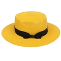 Flat top yellow straw hat featuring a stylish black ribbon bow on a white background - Ribbon Bow Decor Band Style (303F)