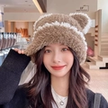 Plush brown and white striped bear ear bucket hat for women in soft winter material - Fur Yarn Edging-Khaki
