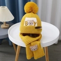 Bright yellow baby dinosaur knit hat and scarf set with cute bear patch and faux fur pompom - BY Cartoon Bear Set - Yellow