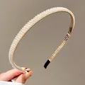 Elegant gold thin headband with three rows of round white pearls for girls and women - Style 6 Triple Row Pearl