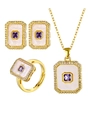 18K gold plated jewelry set featuring white mother of pearl and purple square gemstones - Square Purple Zirconia 3-Piece Set