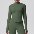 Detailed view of the dark green athletic jacket featuring thumbholes and ribbed texture - S / Olive Green
