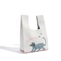 White knitted tote bag with gray cat motif and Go Home text over pink striped base - White and Grey Cat