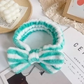 Soft plush green and white striped bow headband for face washing and makeup - Green and White Striped
