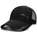 Detail of breathable mesh panel and sports embroidery on black long-brim baseball cap - Black Mesh