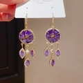Pendientes colgantes de plata S925 con piedras preciosas violetas y cristales brillantes - Gancho de oreja-Dorado-Morado