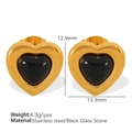 Golden stainless steel heart earrings with black glass stones measuring 13.3mm by 12.9mm - Black Glass Stone Heart Gold Stud Earrings (EH285)