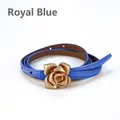 Slim royal blue leather belt for women featuring an elegant golden rose buckle design - Sapphire Blue / 105cm