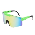 Neon green cycling sunglasses with black splatter finish and rainbow mirror lenses - C14 Neon Green Black Splatter