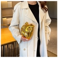 Artistic gold anatomy heart-shaped clutch bag shown with elegant chain strap on coat - Gold