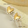 Detailed view of heart-shaped pearl earrings in gold finish with size measurements - Pearl Bordered Heart Style (NMSE-G556-1)