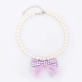 Elegant pearl pet necklace with a purple plaid bow and pink tulle decoration - Purple