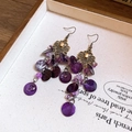 Bohemian purple shell fringe earrings with vintage flower metal piece in a wooden tray - Ear Hook-Purple