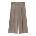 Hahnentritt-Hose mit weitem Bein, braunem Karomuster und Gürtel mit goldener Kettenverzierung - XS / Dunkelkhaki Hose