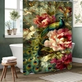 Cortina de ducha estilo pintura al óleo con pavo real esmeralda y flores de peonía - 90*180cm / Pavo Real y Peonía