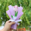 Artificial pink tulip bouquet with purple wrapping and white lace bow held outdoors - Purple Edge Tulip Purple Korean Style